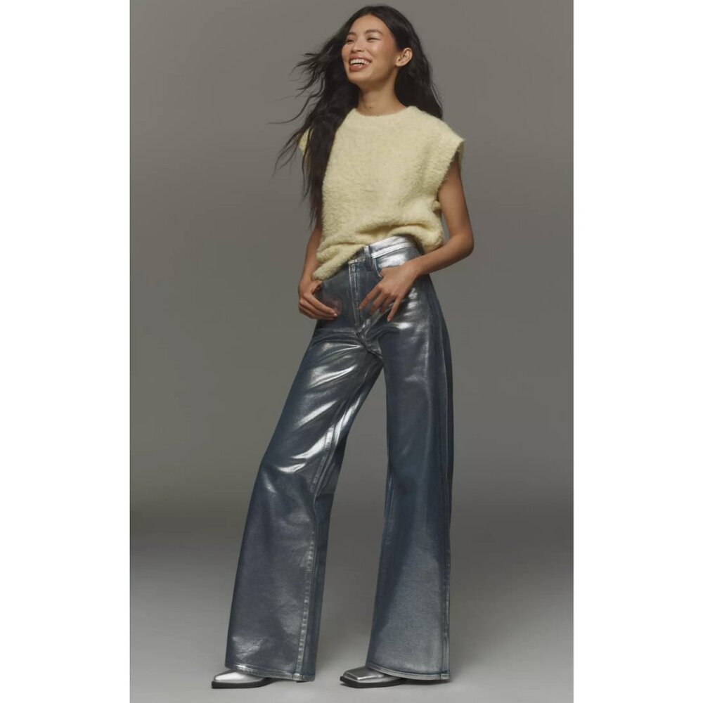 Anthropologie Joe's Jeans Mia Silver Foil Metallic High Rise Wide Leg Jeans NWT